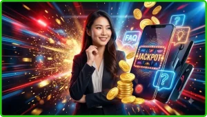 Sòng bạc sang trọng với máy slot phát sáng và hiệu ứng jackpot